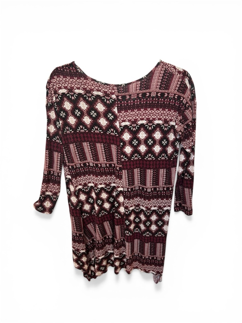 No Comment Women's Burgundy and Pink Patterned Scoop Neck Top. sz XS. 2001